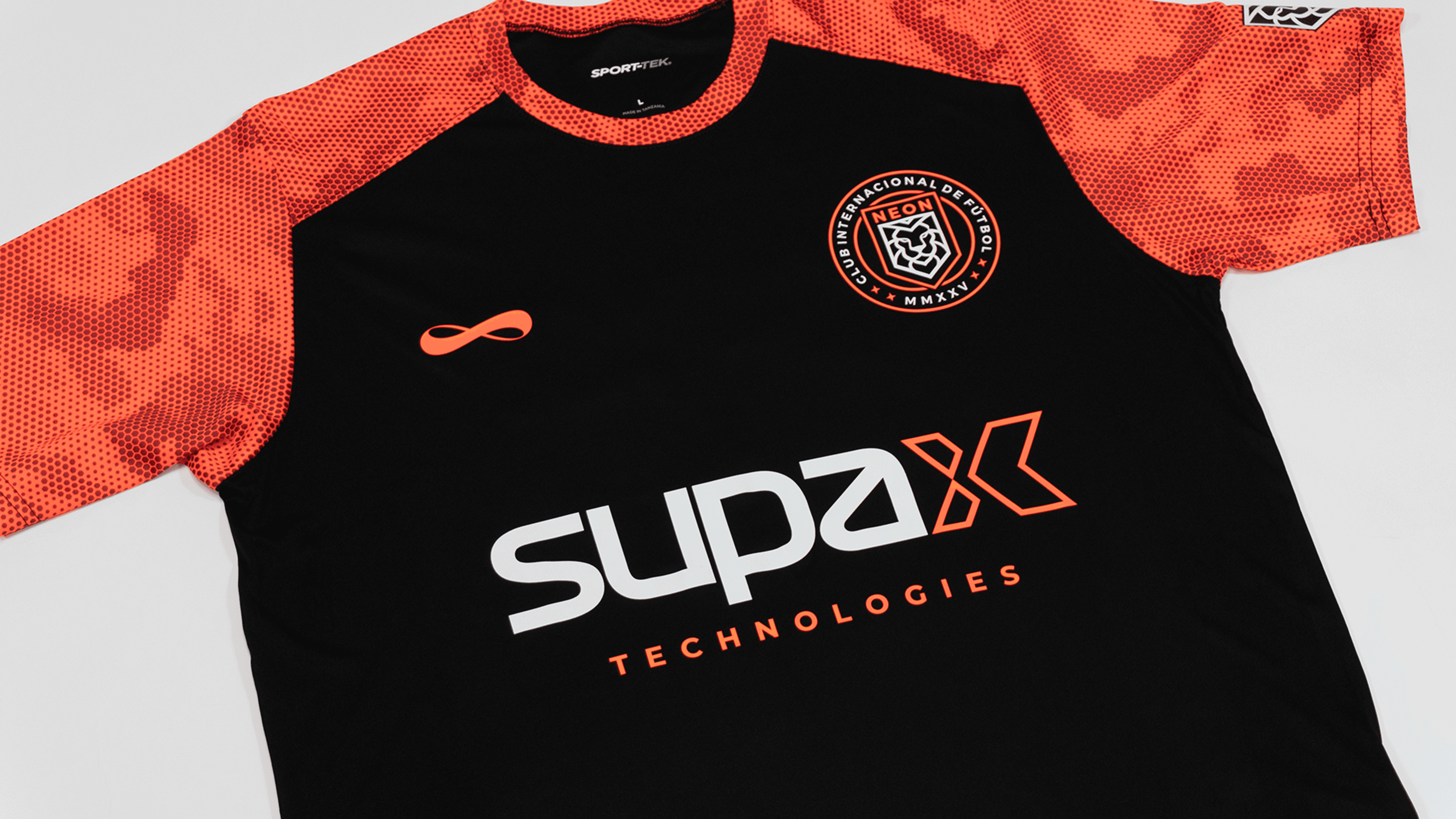 SupaNeon branded athletic shirt with orange and black colorway displaying company logo and circular emblem