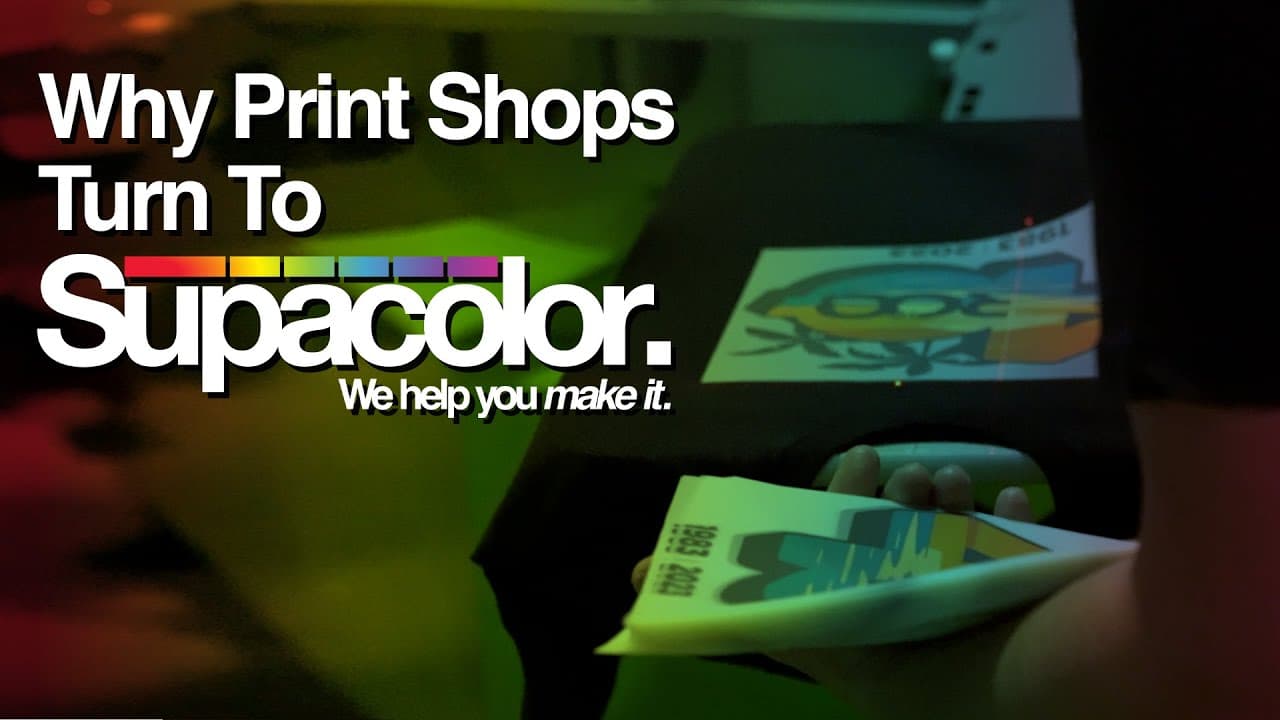 Supacolor print shop promotional banner showing colorful printed materials and rainbow color spectrum logo with tagline "W…