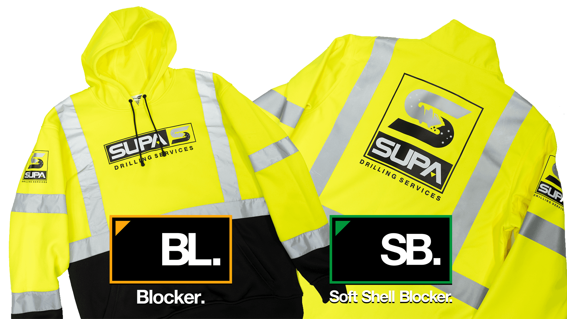 Two SUPA Drilling Services high-visibility safety jackets displaying Blocker and Soft Shell Blocker workwear styles
