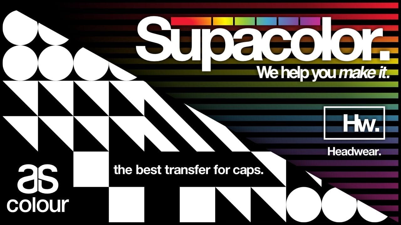 Supacolor and AS Colour partnership announcement featuring colorful spectrum and headwear transfer branding