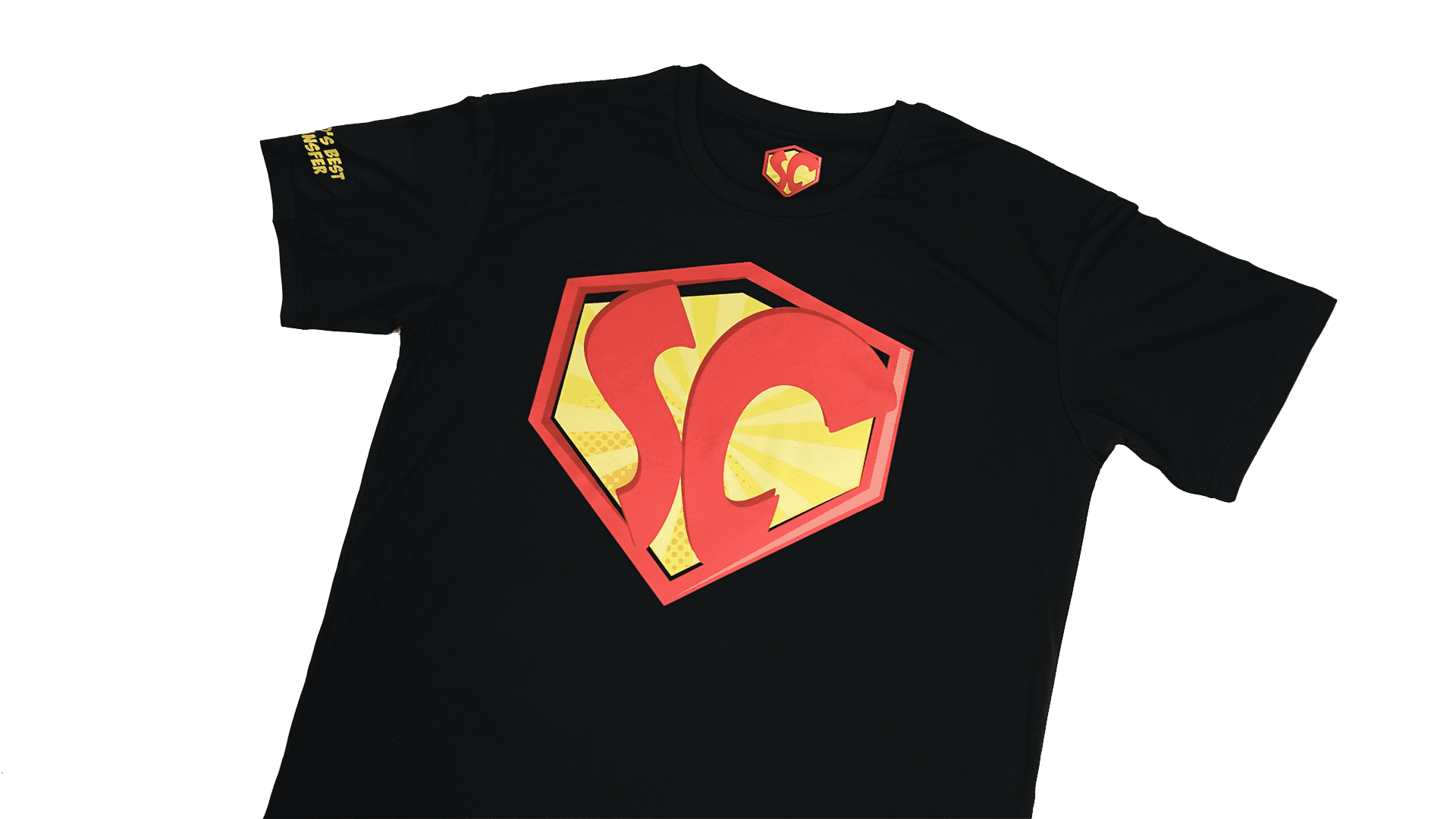 Black t-shirt with red and yellow superhero shield logo design