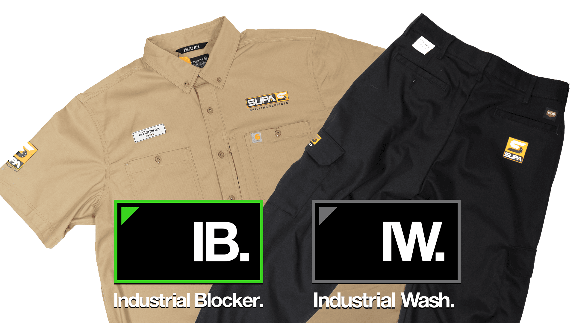 SUPA work uniforms: tan Industrial Blocker shirt and black Industrial Wash pants with company branding
