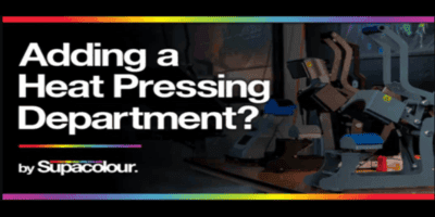 Blog header for heat pressing department guide showing industrial heat press equipment in workspace