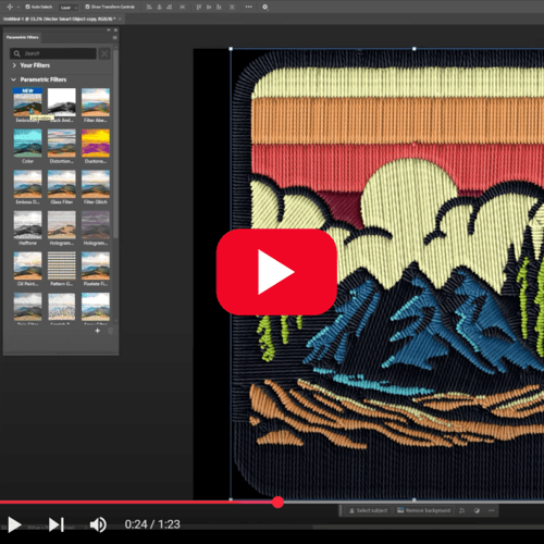 Video tutorial showing faux embroidery heat transfer design with colorful mountain landscape on dark fabric
