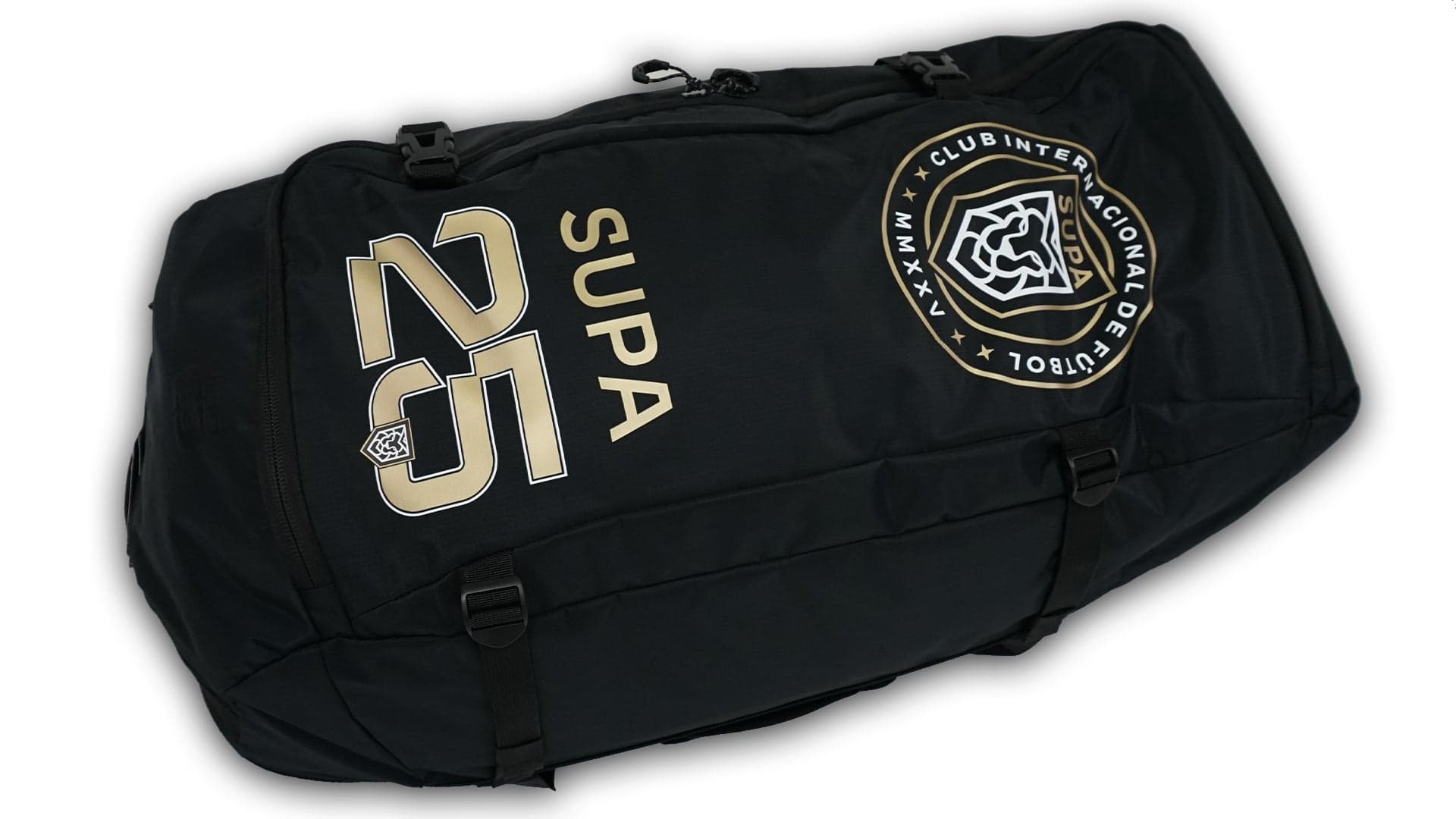 Black duffel bag with gold SUPA branding and Club Inter National logo heat transfer design