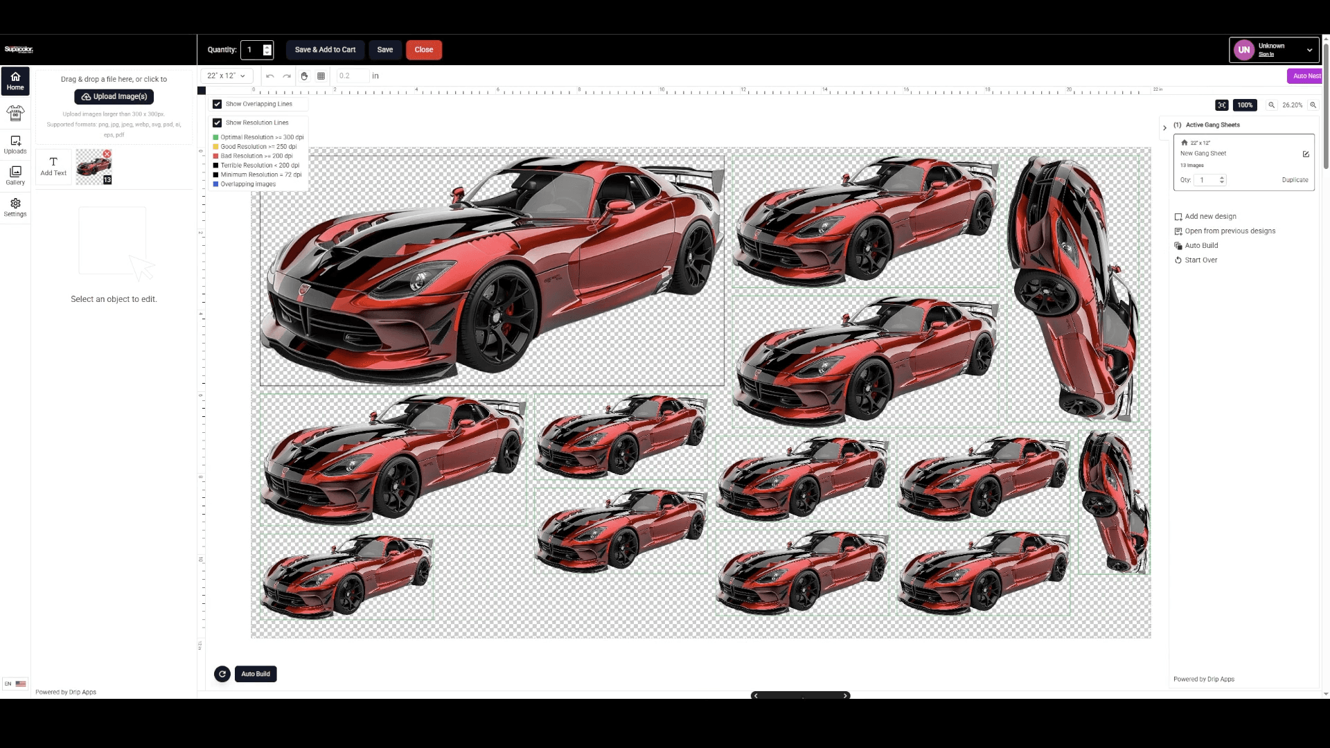 Supacolor Gang Sheet Builder displaying red sports car designs arranged with auto-nest tool functionality