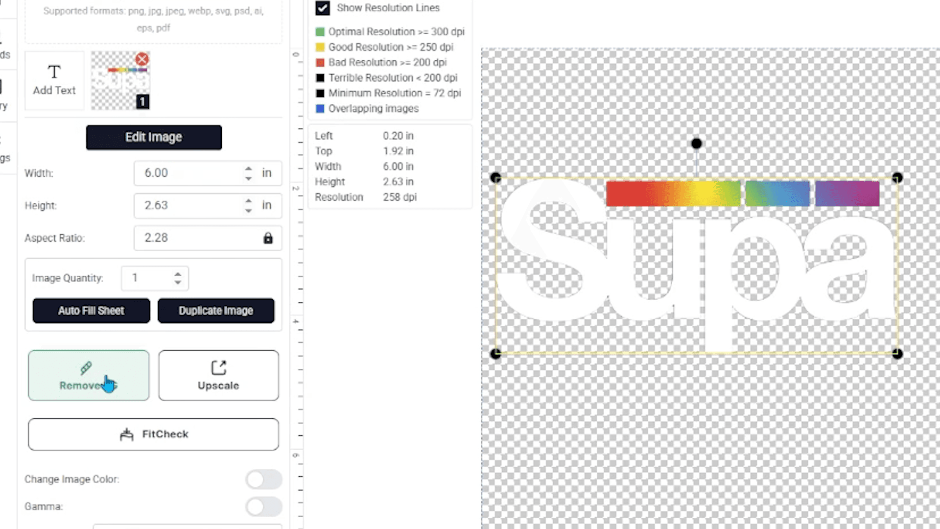 Supacolor Gang Sheet Builder interface showing image editing tools and resolution settings for background removal