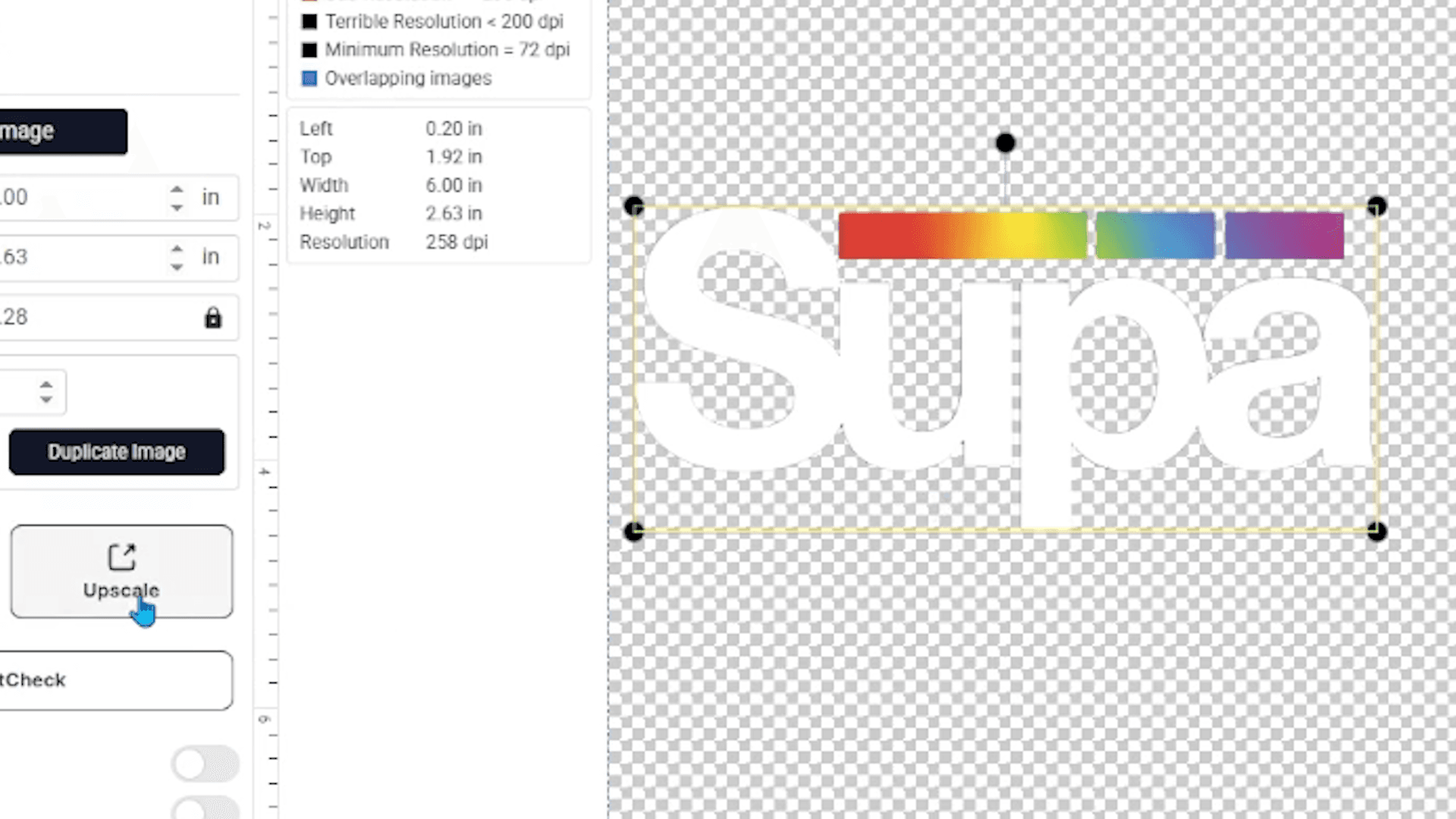 Design Upscaler Tool interface showing image dimensions, resolution settings, and color spectrum bar in Supacolor's Gang S…