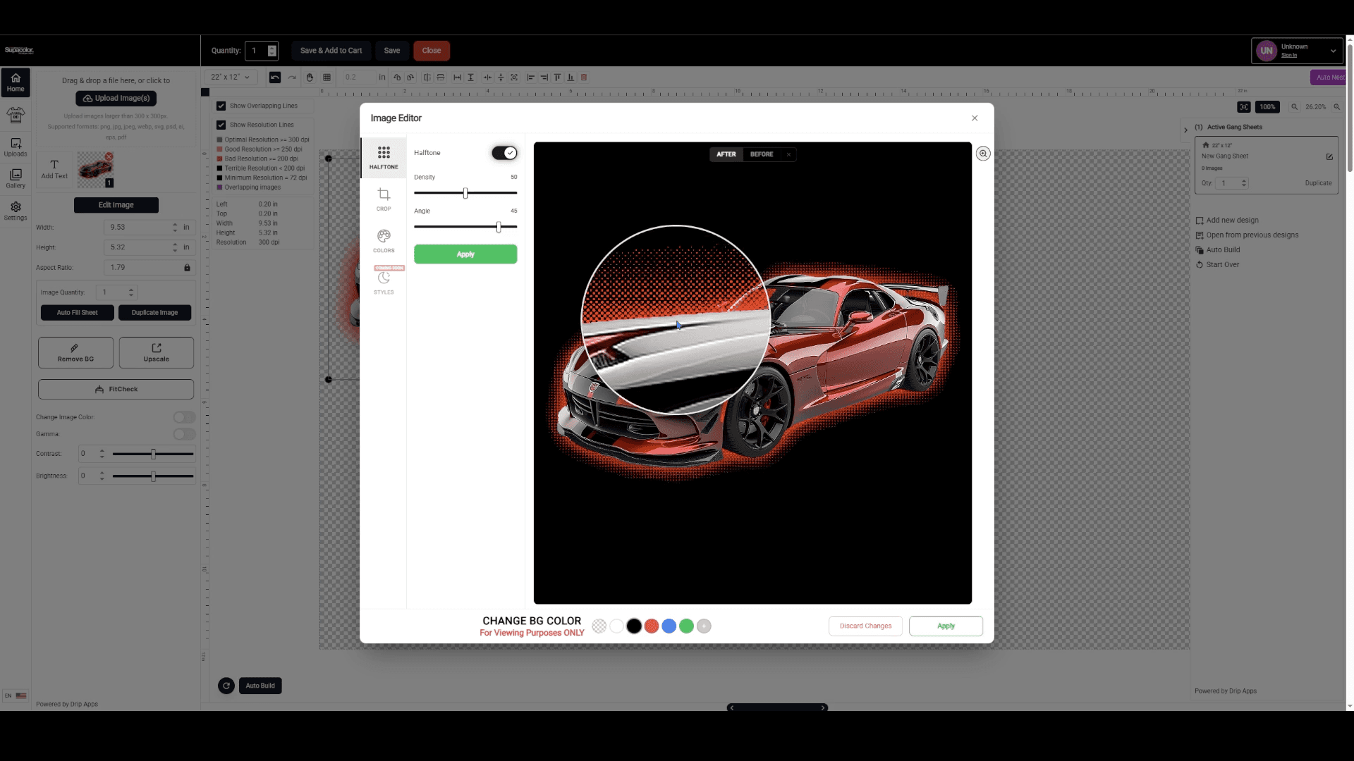 Halftone tool interface in Supacolor's Gang Sheet Builder showing red sports car with preview and adjustment controls