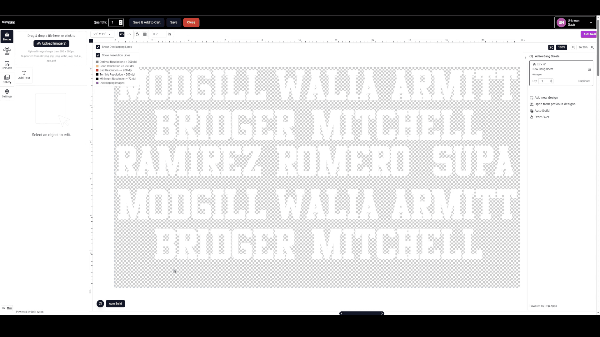 Supacolor Gang Sheet Builder interface showing text tool options and design canvas with resolution guidelines