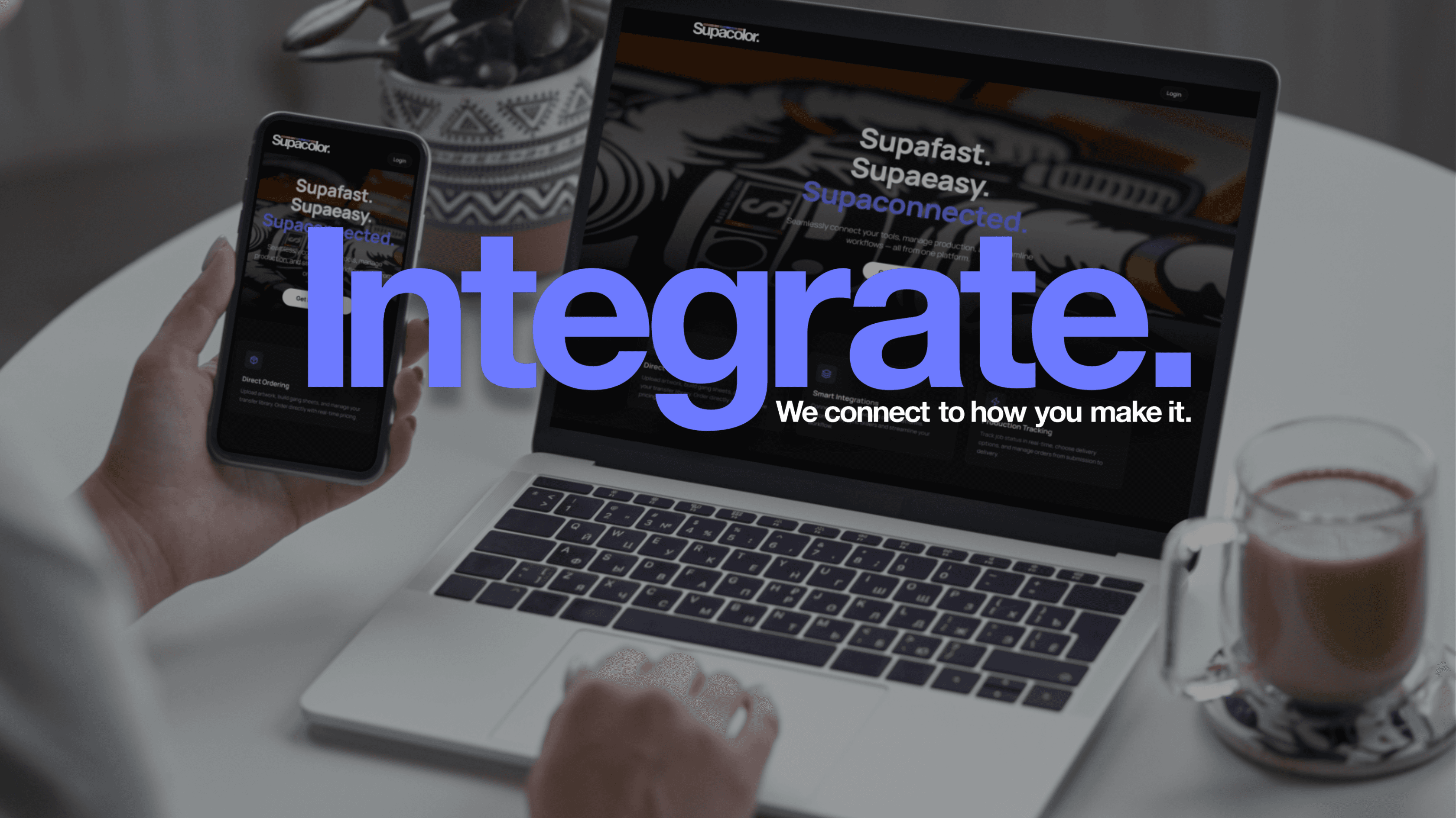 Supacolor wholesale ordering platform displayed on laptop and mobile phone screens showing "Integrate" messaging