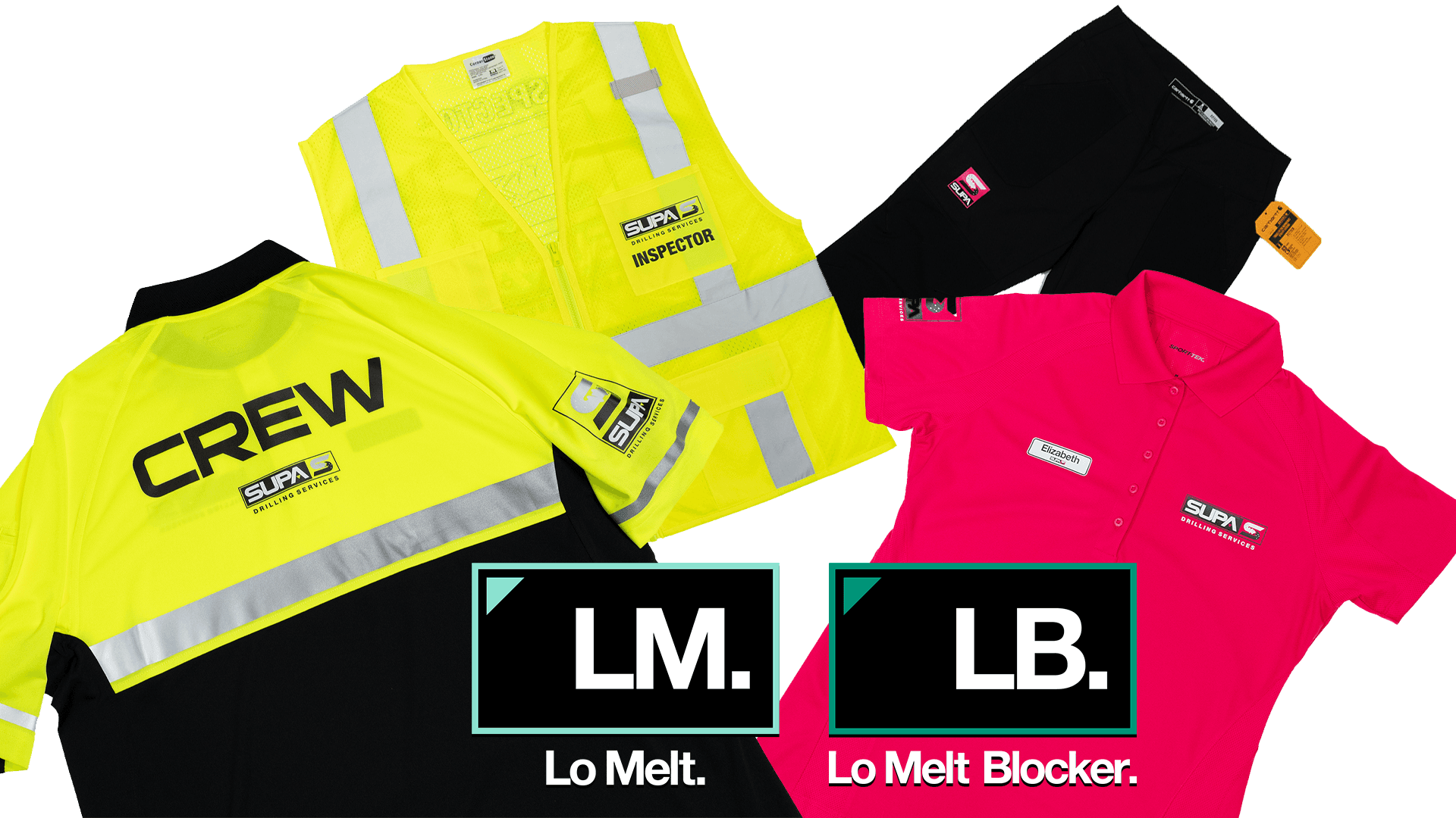 SUPA workwear collection featuring safety vests, long-sleeve shirts, and polo shirts with low-cure heat transfer graphics