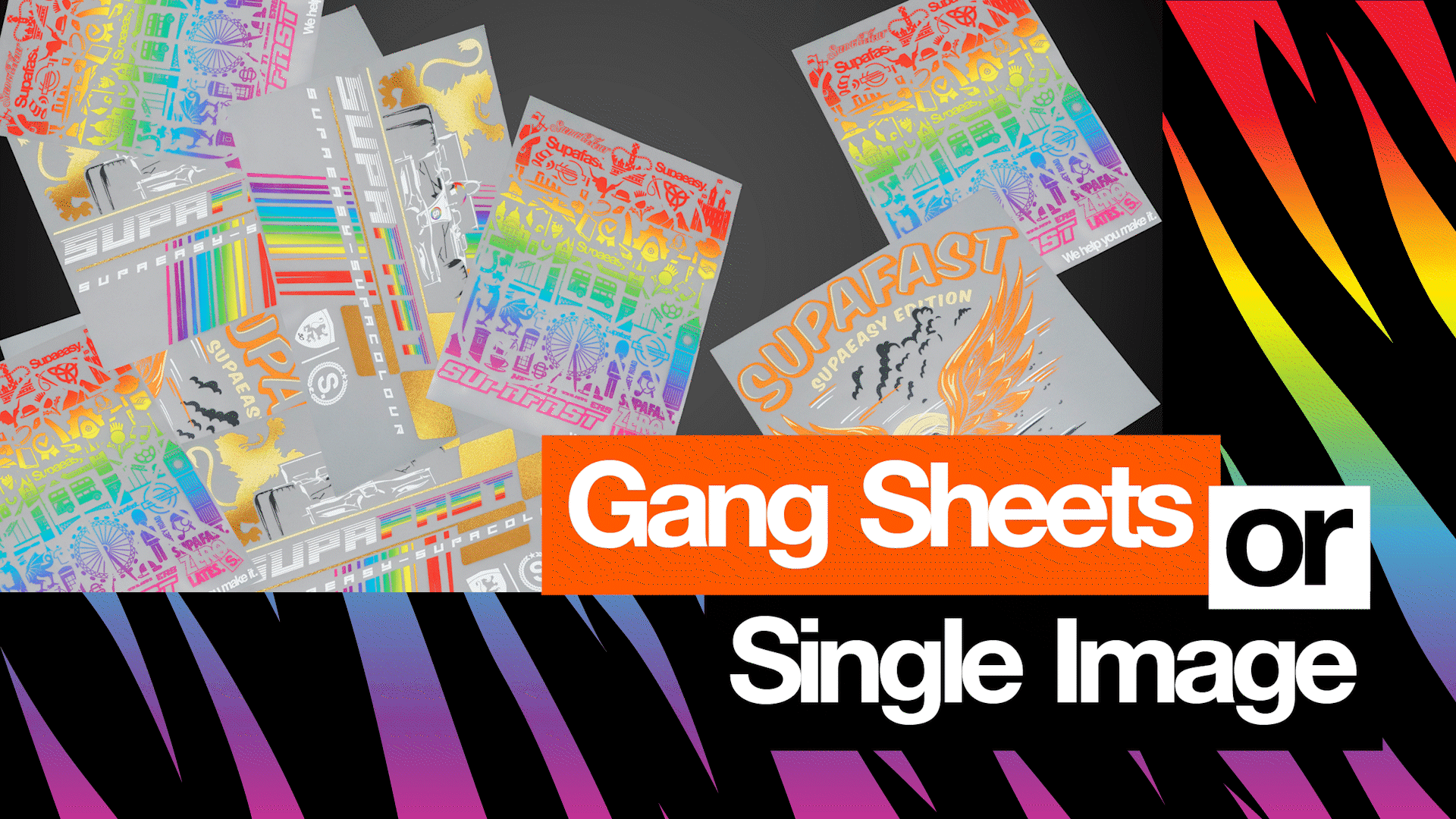 Colorful single image transfers and gang sheets displayed with design materials and colored pencils