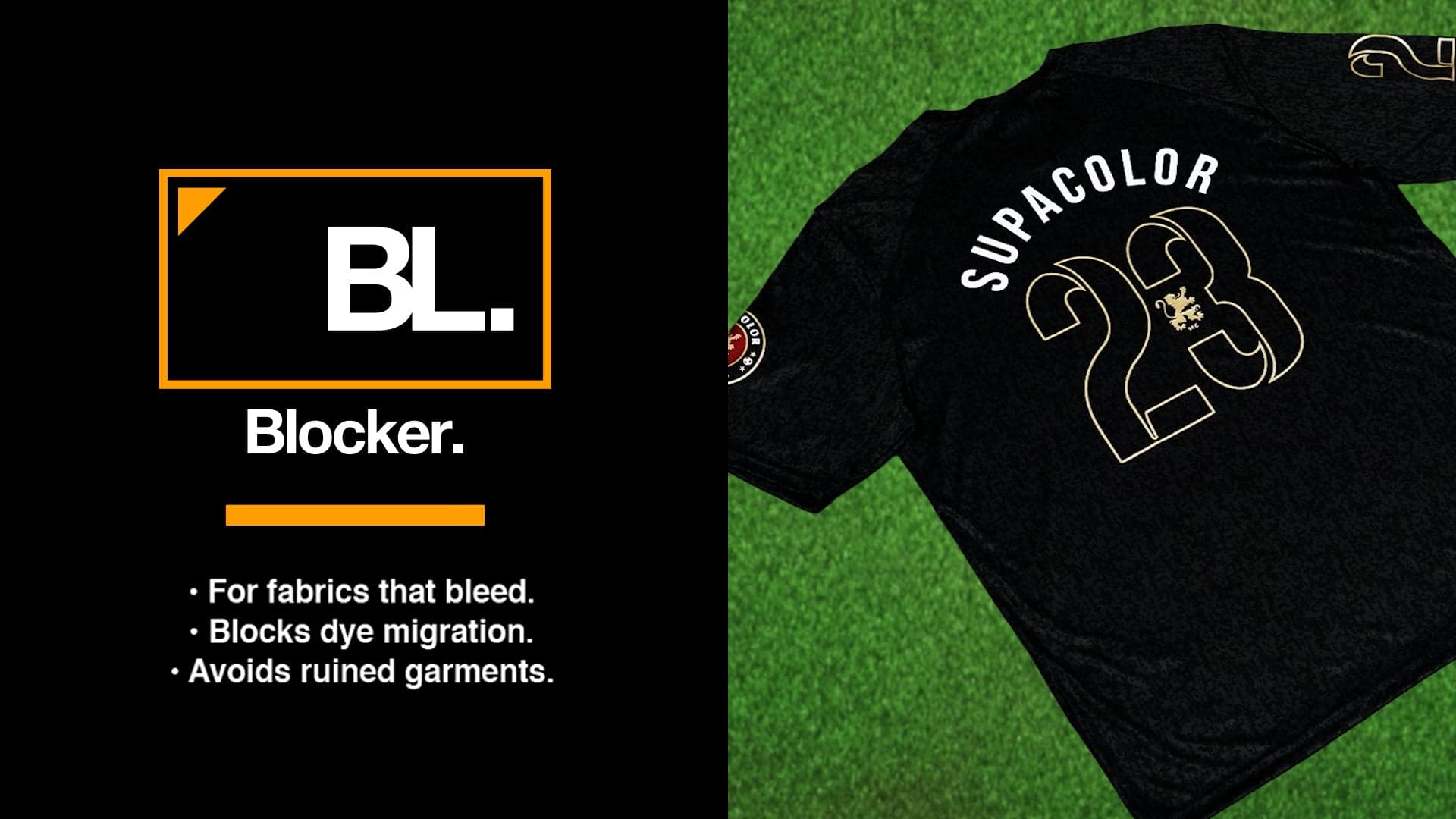 Supacolor Blocker product demonstration showing logo and black t-shirt with heat transfer design