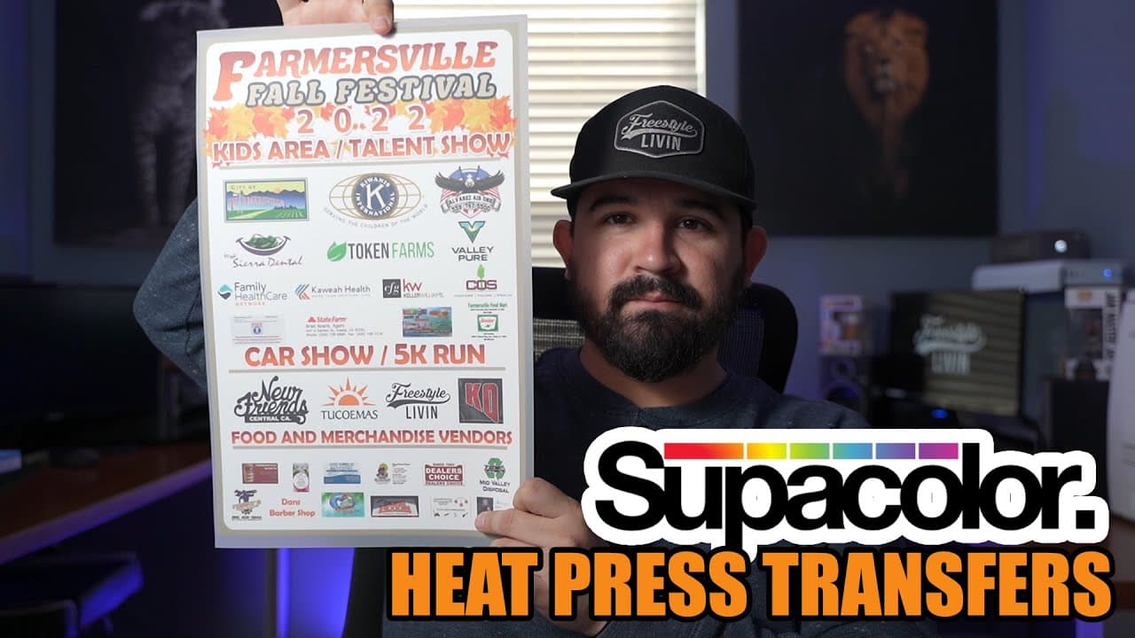 Man holding Farmersville Fall Festival poster with Supacolor Heat Press Transfers logo displayed