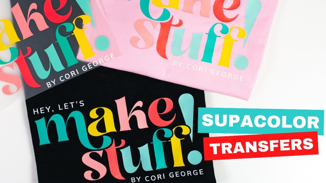 Three colorful book covers by Cori George displaying Supacolor transfer designs on dark and light shirts