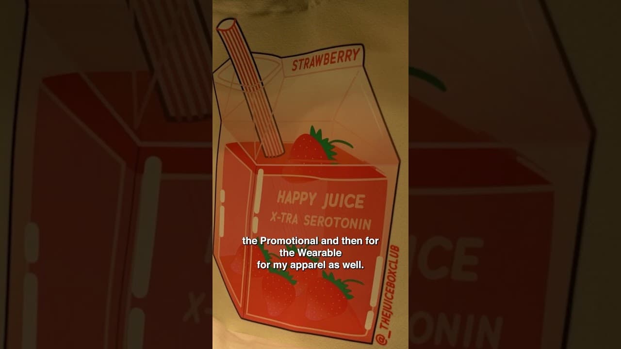 Hand-drawn strawberry juice carton labeled "Happy Juice X-tra Serotonin" with straw