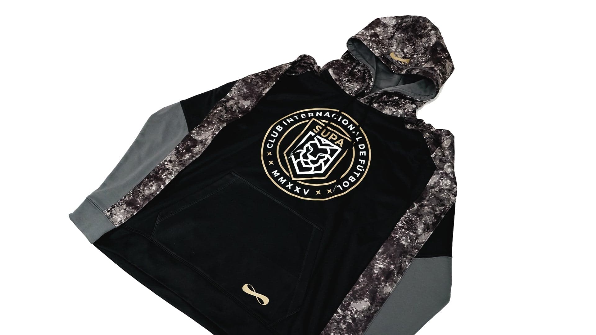 Black and gray SUPA International hoodie with emblem logo displayed on white background