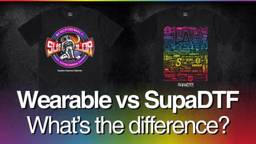 Comparison graphic showing Wearable and SupaDTF direct-to-film transfer printing methods side by side