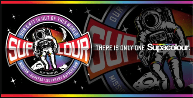 Supacolor heat transfer branding with astronaut imagery and tagline There is only one Supacolor