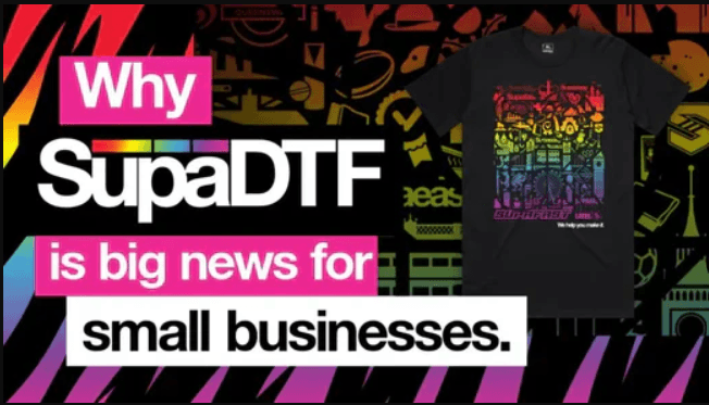 Colorful graphic highlighting why SupaDTF is significant for small businesses, featuring branded merchandise
